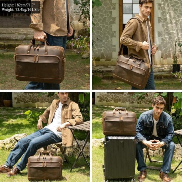 🆕Men Brown Fits 17.3 Inch Laptop Crossbody Shoulder Attached Leather Briefcase - Picture 10 of 12